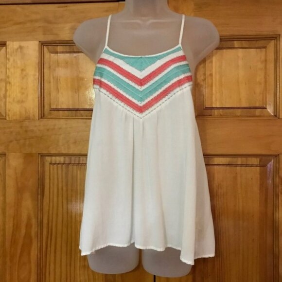 Teal Dove White Spaghetti Strap Razor Back Tank Top w/ Teal & Coral Neckline - Picture 1 of 11